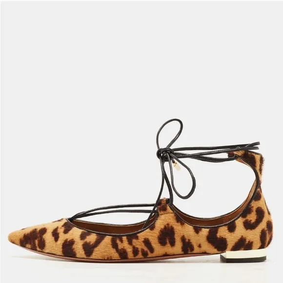 Aquazzura Christy Lace up pony calf hair leopard ballet flats shoes 39 8.5 9