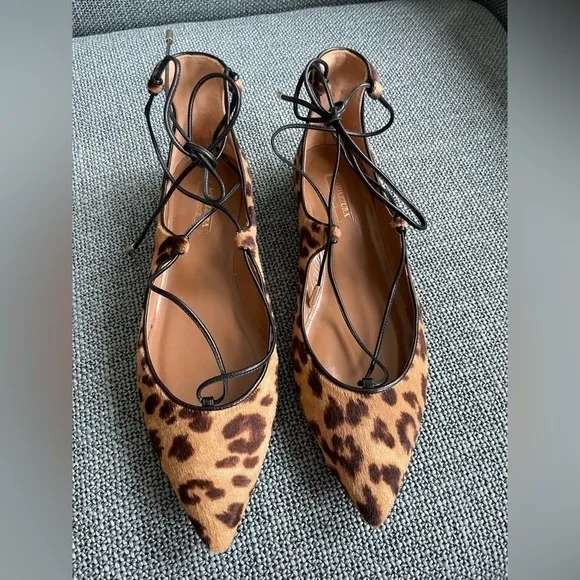 Aquazzura Christy Lace up pony calf hair leopard ballet flats shoes 39 8.5 9