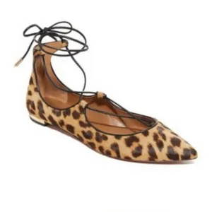 Aquazzura Christy Lace up pony calf hair leopard ballet flats shoes 39 8.5 9