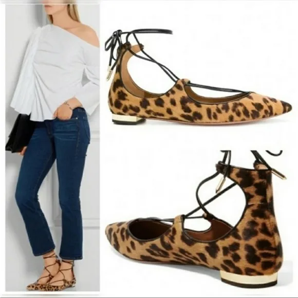 Aquazzura Christy Lace up pony calf hair leopard ballet flats shoes 39 8.5 9