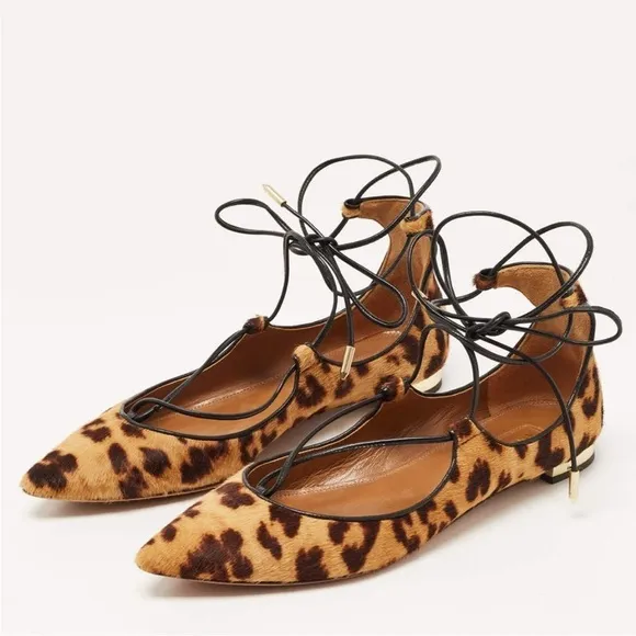 Aquazzura Christy Lace up pony calf hair leopard ballet flats shoes 39 8.5 9