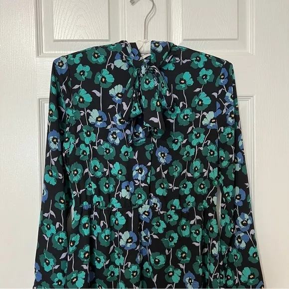 Aritzia Veronica Floral Poppy Black Green Tie Neck Long Sleeve Dress - Sz M