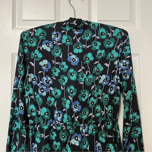 Aritzia Veronica Floral Poppy Black Green Tie Neck Long Sleeve Dress - Sz M