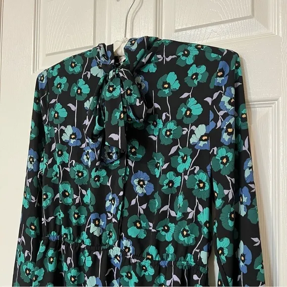 Aritzia Veronica Floral Poppy Black Green Tie Neck Long Sleeve Dress - Sz M