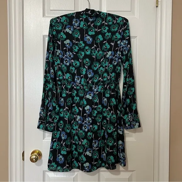 Aritzia Veronica Floral Poppy Black Green Tie Neck Long Sleeve Dress - Sz M