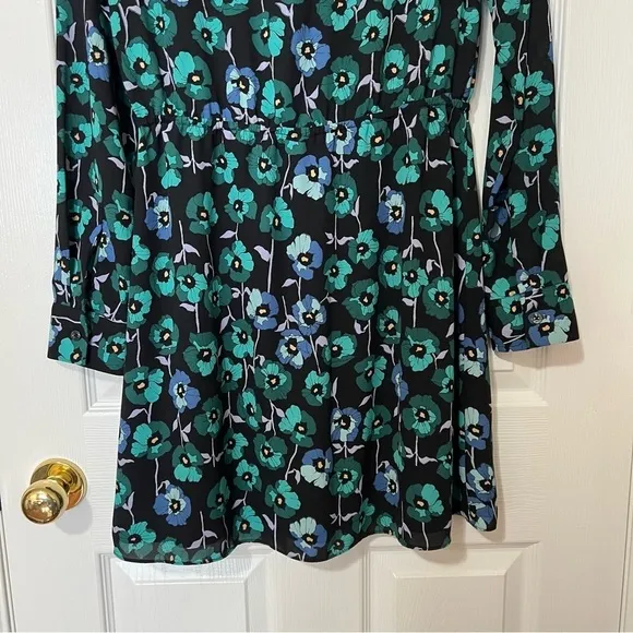 Aritzia Veronica Floral Poppy Black Green Tie Neck Long Sleeve Dress - Sz M
