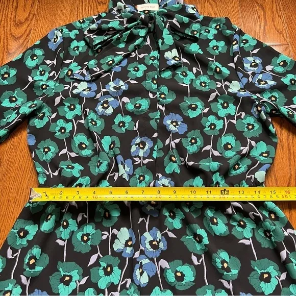 Aritzia Veronica Floral Poppy Black Green Tie Neck Long Sleeve Dress - Sz M