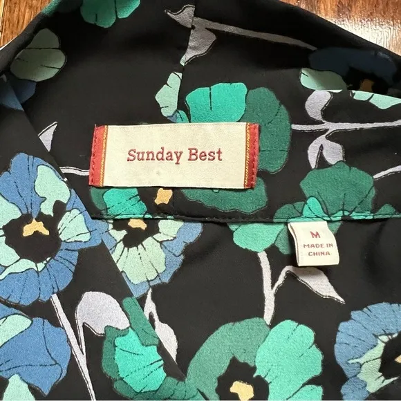 Aritzia Veronica Floral Poppy Black Green Tie Neck Long Sleeve Dress - Sz M