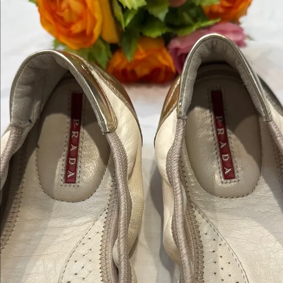 Authentic Prada Women's Light Gold and Cream Ballet Flats