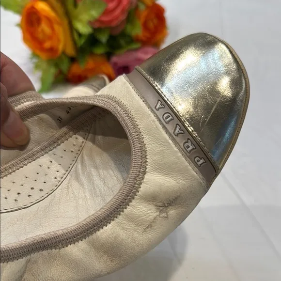 Authentic Prada Women's Light Gold and Cream Ballet Flats