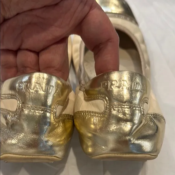 Authentic Prada Women's Light Gold and Cream Ballet Flats