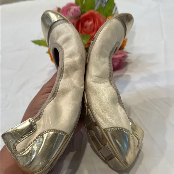 Authentic Prada Women's Light Gold and Cream Ballet Flats