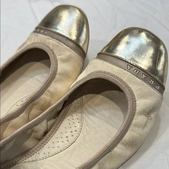 Authentic Prada Women's Light Gold and Cream Ballet Flats