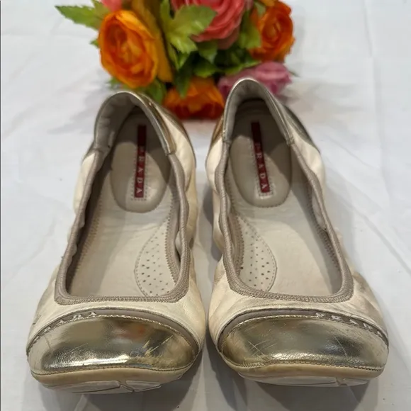 Authentic Prada Women's Light Gold and Cream Ballet Flats