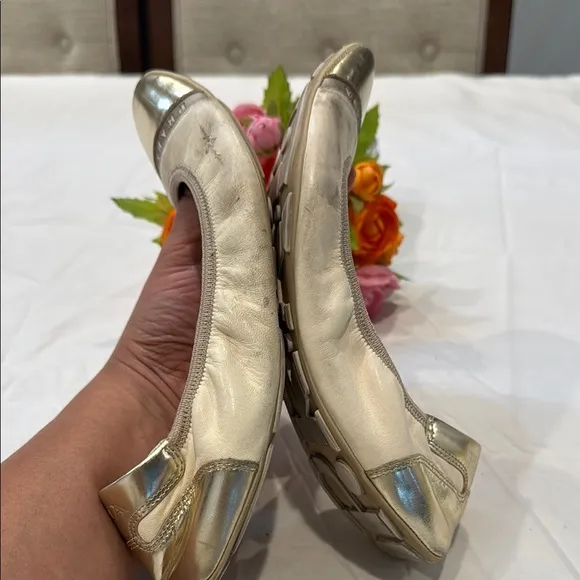 Authentic Prada Women's Light Gold and Cream Ballet Flats