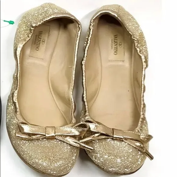 AUTHENTIC VALENTINO GARAVANI ROCKSTUD BALLERINAS micro studs bow  shoes 38 gold