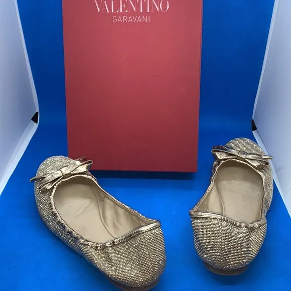 AUTHENTIC VALENTINO GARAVANI ROCKSTUD BALLERINAS micro studs bow  shoes 38 gold