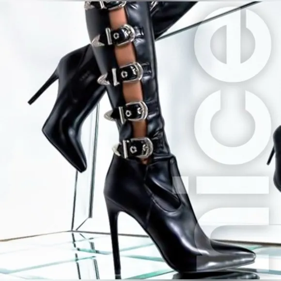 Azalea Wang ASAP Black Piu Over-the-Knee Buckle Stiletto Boots Size 8.5