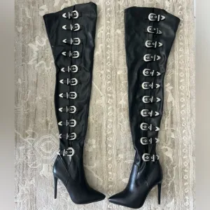 Azalea Wang ASAP Black Piu Over-the-Knee Buckle Stiletto Boots Size 8.5