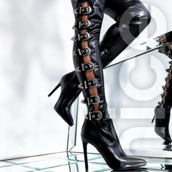 Azalea Wang ASAP Black Piu Over-the-Knee Buckle Stiletto Boots Size 8.5
