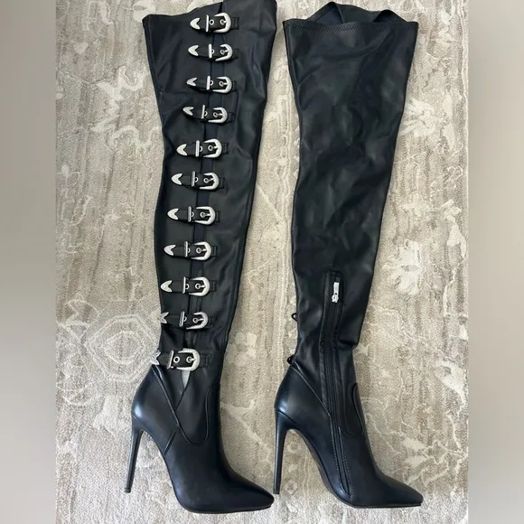 Azalea Wang ASAP Black Piu Over-the-Knee Buckle Stiletto Boots Size 8.5