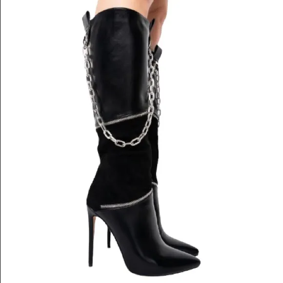 Azalea Wang Black Vegan Leather and Suede Knee High Riding Boots