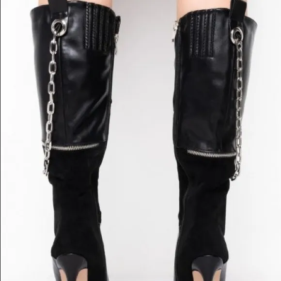 Azalea Wang Black Vegan Leather and Suede Knee High Riding Boots