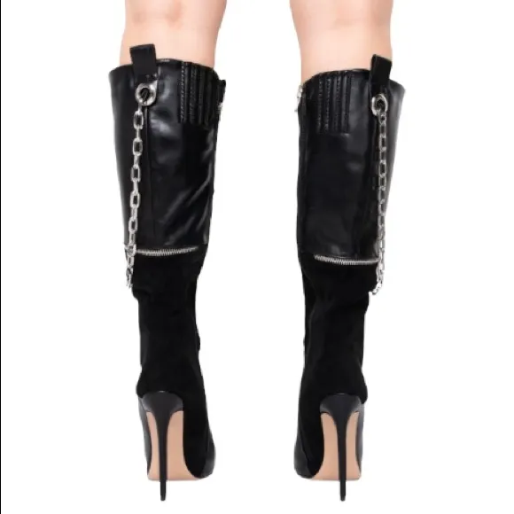Azalea Wang Black Vegan Leather and Suede Knee High Riding Boots