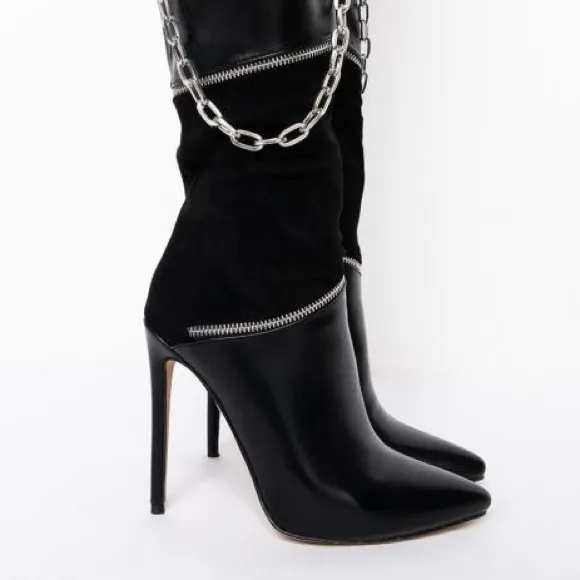 Azalea Wang Black Vegan Leather and Suede Knee High Riding Boots