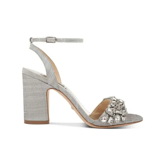 BADGLEY MISCHKA Womens Silver Stone On Gem Jill Toe Block Heel Sandals 7.5 M