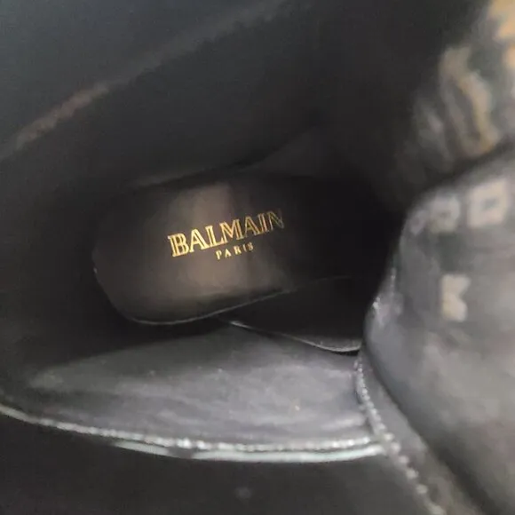 Balmain Combat Biker Logo Black Zipper Boots Shoes Black Gold 36