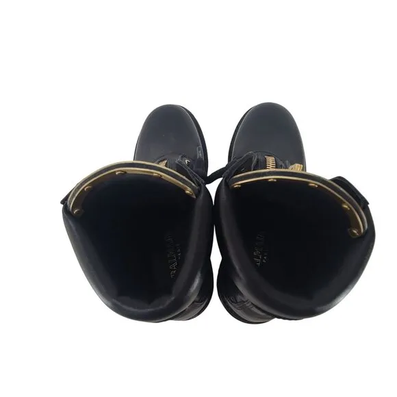 Balmain Combat Biker Logo Black Zipper Boots Shoes Black Gold 36
