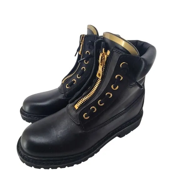 Balmain Combat Biker Logo Black Zipper Boots Shoes Black Gold 36
