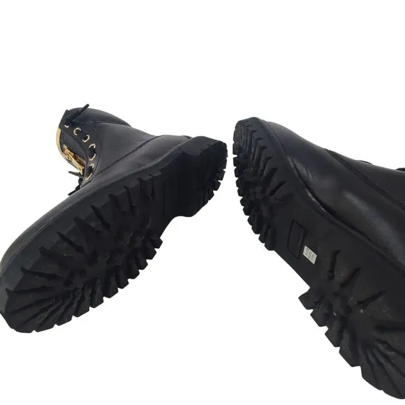 Balmain Combat Biker Logo Black Zipper Boots Shoes Black Gold 36
