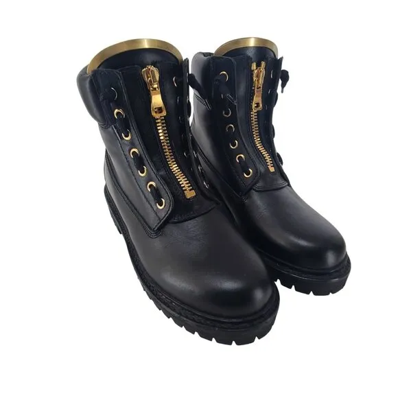 Balmain Combat Biker Logo Black Zipper Boots Shoes Black Gold 36