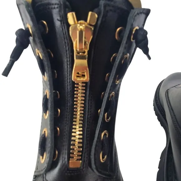 Balmain Combat Biker Logo Black Zipper Boots Shoes Black Gold 36