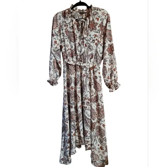 Banana Republic V-Neck Tie Ruffled Long Sleeve Paisley Peasant Midi Dress 8