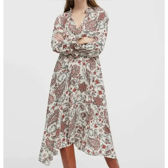 Banana Republic V-Neck Tie Ruffled Long Sleeve Paisley Peasant Midi Dress 8