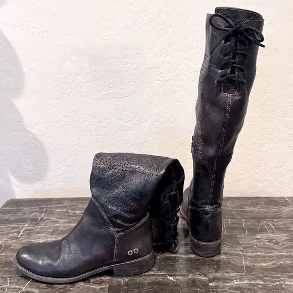Bed Stu Cambridge Perforated Leather Corset Lace Knee High Boots