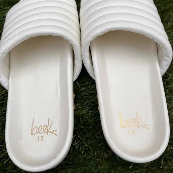 Beek Skimmer Slides Classic Genuine Leather Quilted White Sandals Women Size 10