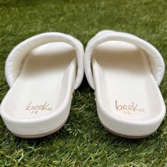Beek Skimmer Slides Classic Genuine Leather Quilted White Sandals Women Size 10