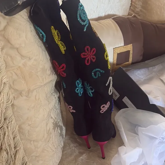 Betsy Johnson New Colorful Crystal Beaded Black Knee-High Boots size 6