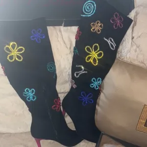 Betsy Johnson New Colorful Crystal Beaded Black Knee-High Boots size 6