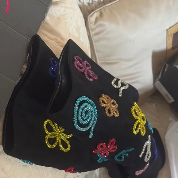 Betsy Johnson New Colorful Crystal Beaded Black Knee-High Boots size 6