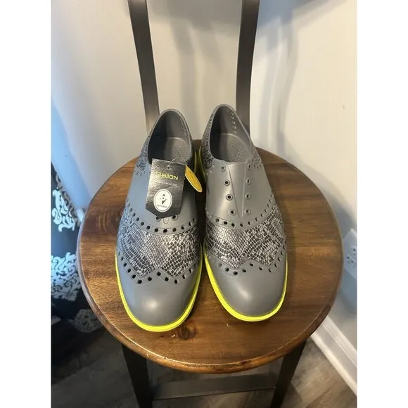 Biion Golf Shoes Men's 9 Gray Black Yellow Neon Spikeless Wingtip Brogue Slip On
