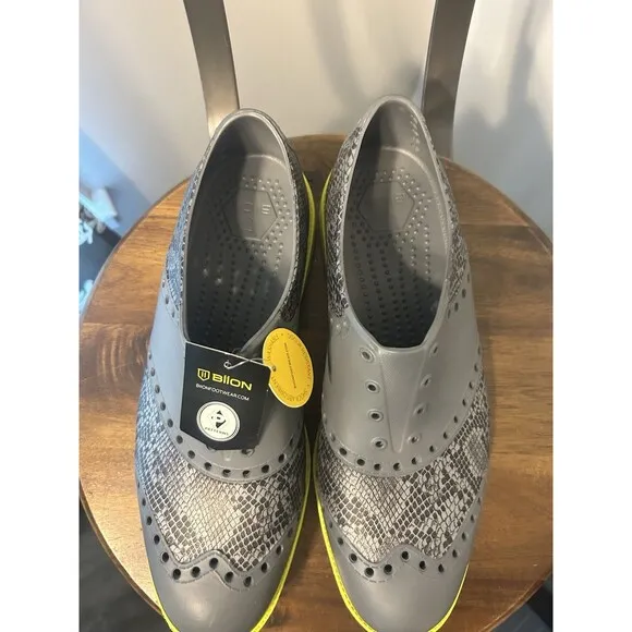 Biion Golf Shoes Men's 9 Gray Black Yellow Neon Spikeless Wingtip Brogue Slip On