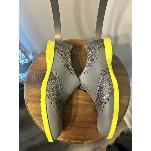 Biion Golf Shoes Men's 9 Gray Black Yellow Neon Spikeless Wingtip Brogue Slip On
