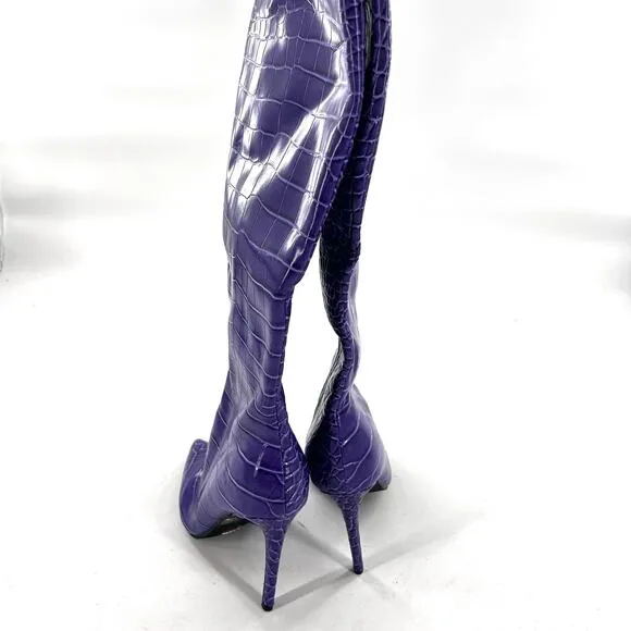 Billini Salaya Tall Croc Boots 6 Violet Purple NWOT Stiletto Heel Knee High Glam