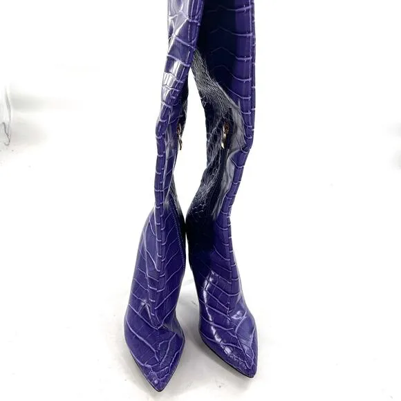 Billini Salaya Tall Croc Boots 6 Violet Purple NWOT Stiletto Heel Knee High Glam