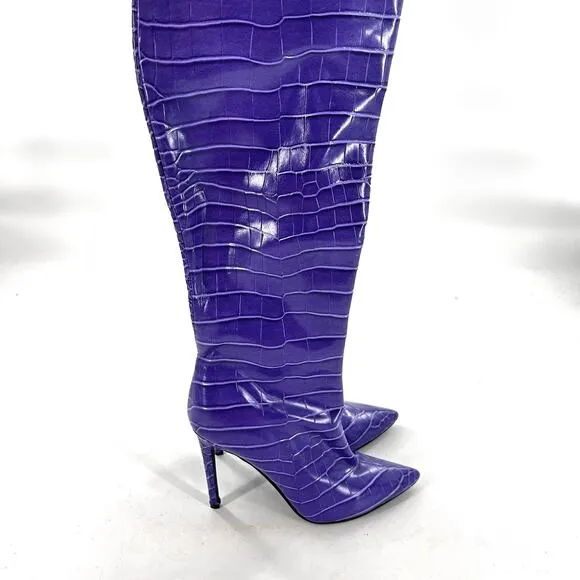 Billini Salaya Tall Croc Boots 6 Violet Purple NWOT Stiletto Heel Knee High Glam